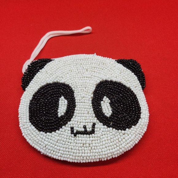 Vintage Coin Purse Panda Bear Beaded Black & White Silk Lined - Picture 10 of 11